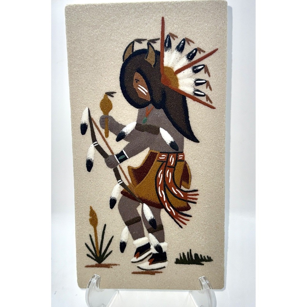 Signed Navajo Sand Art Sacred Buffalo Dancer Ben Sam New Mexico Handmade 13"
